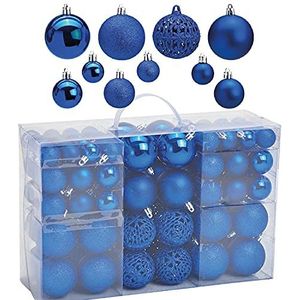 WOMA Kerstballen, set in blauw, 100 kerstballen, kleine en grote kerstballen van kunststof, kerstboomversiering, kerstdecoratie incl. metalen haken