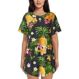 Tropische ananas Hawaiiaanse print dames zomer zachte tweedelige bijpassende outfits korte mouw pyjama lounge pyjama sets, Zwart, XXL
