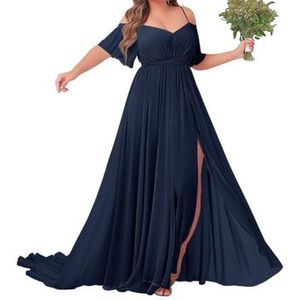Off-shoulder bruidsmeisjes jurken met mouw - chiffon grote maten formele jurk, Donkerblauw, 32