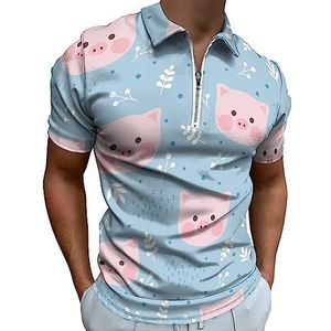Roze varkenspoloshirt voor heren, casual T-shirts met rits en kraag, golftops, slim fit