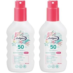 dulgon 2 x SPF 50 zonnespray voor kinderen, 200 ml, zonnecrème zonder octocryleen, bescherming tegen UVA- en UVB-straling, kinderzonnecrème 50 waterdicht, parfumvrij, veganistisch en microplasticvrij