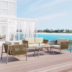 Idemon Loungeset, tuinmeubelset met verzinkt ijzeren frame (4-delige eettafelset, 1 2-zitsbank, 2 enkele stoelen, 1 tafel), tafelblad van glas, PE-rotan, inclusief kussens (beige)