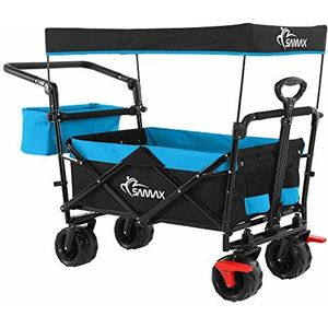 SAMAX Bolderkar/Bolderwagen met Dak Offroad Transportkar Tuinkar Handwagen - met Rem- en Staartzak - Opvouwbaar met massieve Wielen en Opberghoes - Zwart/Blauw