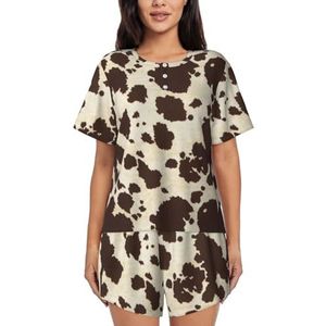 RIVETECH Bruine koeienvlekken print dames pyjama met korte mouwen - comfortabele korte sets, mouwen nachtkleding met zakken, Zwart, S