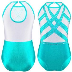 AMENGJ Gymnastiek Turnpakje Meisjes Glittery Strass Ballet Jersey Unitards Gymnastiek Turnpakje Bodysuit Kunstschaatsen Dans Performance Kostuum, Blauw Groen, 36