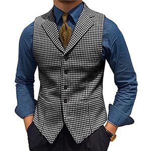 BYLUNTA Elegant hondstokvest heren tweed vest vintage wol retro notch lapel formeel slim S-3XL, zwart, XXL