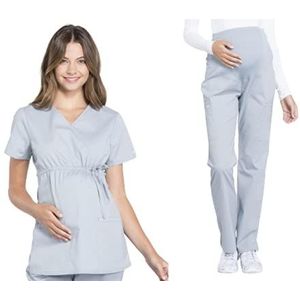 Cherokee Dames Scrubs Set Werkkleding Professionals WW685 Zwangerschaps Mock Wrap Top & WW220P Zwangerschaps rechte been broek, grijs - XS Top/XS Petite Pant