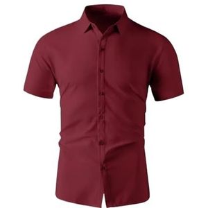 UBOHUZ Heren shirt met korte mouwen voor heren, zakelijk, casual, effen kleur, shirt met korte mouwen voor de zomer, strijkvrij, comfortabele en veelzijdige top voor vrije tijd, Rood, 4XL