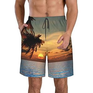 Sunset Palm Tree Ocean Print strandshorts voor heren, lichtgewicht, sneldrogend, trekkoord zwembroek met zakken, Wit, L
