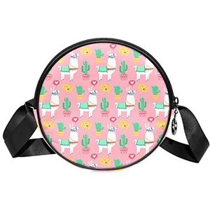 Ronde Crossbody Tas Messenger Purse Voor Vrouwen Roze Alpaca Cactus Leuke Cartoon Lama, Meerkleurig, 6.7x6.7x2.3 in, Sling Rugzakken