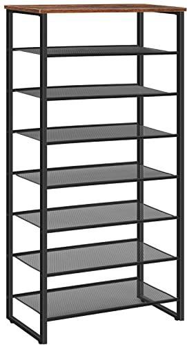 HOOBRO Schoenenrek met 8 niveaus, hoge schoenenplank, schoenenorganiser voor 21-28 paar schoenen, afneembare metalen roosterplanken, smalle schoenenstandaard voor hal, woonkamer, stevig, industrieel, rustiek bruin EBF68XJ01