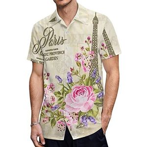 Eiffeltoren met lentebloeiende bloemen Hawaiiaanse shirts voor heren, korte mouwen, casual overhemd met knopen, vakantie, strandshirts, M