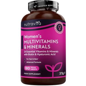Women's Multivitamins and Minerals - 26 Essential Active Vitamins and Minerals Including Biotin and Hyaluronic Acid - 180 Vegan Tablets - No Synthetic Fillers or Binders - Made in The UK by Nutravita
