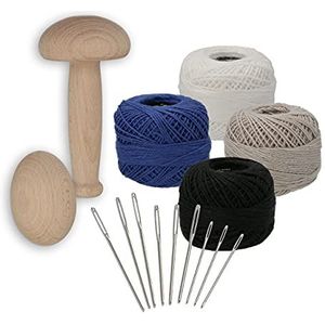 Lantelme Stopfset met paddenstoel en stopei van hout met 9 stopnaalden en 4 stopgaren, in 4 kleuren, wit, blauw, grijs, zwart, naaiset voor kousen, sokken, kleding, reparatie, naaigereedschap