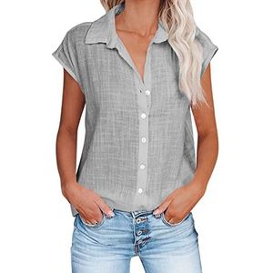 Dames Casual Button Down Shirts Korte Mouw V-hals Oversized Blouses Vrouwelijke Effen Kraag Zomer Tops Plus Size Sale, Mode Dames Tops UK, Grijs, M