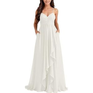 KURFACE Chiffon bruidsmeisjesjurk met split geplooide A-lijn bruidsmeisje formele avondjurk, Ivoor, 32