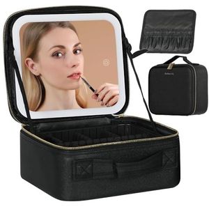 Behaesty Make-up tas met LED verlichte spiegel, cosmetische make-up organizer tas met 3 kleurinstellingen, make-up trein koffer met verstelbare verdelers voor vrouwen make-up borstels, Zwart, Morden