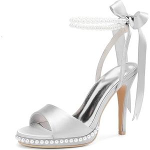 KYEGLO Dames Satijnen Parel Ronde Neus Stiletto Hoge Hak, Open Teen Sandalen Met Twee Parel Enkelbandjes - Feestelijke Trouwjurk Prom Schoenen,Zilver,36