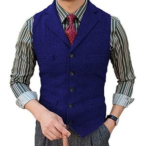 Tweed herenpak Vest Visgraat Notch Revers Retro wollen gilet Casual Kleedt slank af(3X-Large, Koningsblauw)