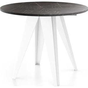 WFL GROUP Moderne ronde tafel voor de eetkamer, diameter 90 of 100 cm, uittrekbare eettafel met witte metalen poten met poedercoating, industriële stijl, zwart marmer, 100 cm