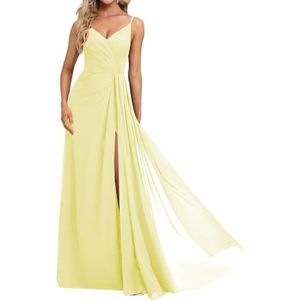 Prinses Bruidsmeisjes Jurken Spaghetti Bandjes Galajurken Chiffon Formele Avondfeest Maxi Jurk met Split ZM210, Canarische, 32