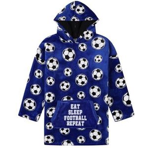 ThePyjamaFactory Jongens eten slapen voetbal blauw volledig gevoerd luxe fleece hoodie, oversized fleece deken hoodie voor kinderen, Blauw, One Size