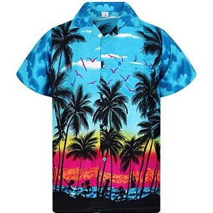 V.H.O. Funky Hawaïhemd voor heren, met korte mouwen, voorzak, Hawaii-print, surf, palmen, zee., Beach turquoise, 5XL