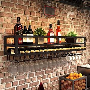 Wandgemonteerd wijnrek met verlichting Industriële wijnfles Glazen zwevende planken met glaswerk Hanger Moderne planten Foto's Wijndisplay Opslaghouder voor keuken Eetkamer Bar