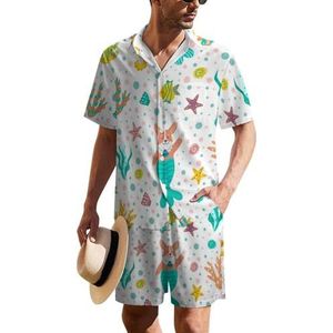 Funny Under Sea Corgi Zeemeermin Hawaïaans pak voor heren, set van 2 stuks, strandoutfit, shirt en korte broek, bijpassende set