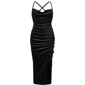 voor vrouwen jurk Plus Gedrapeerde Kraag Trekkoord Split Dij Fluwelen Cami-jurk (Color : Noir, Size : XXL)