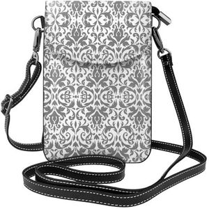 Grijs Gestreepte Stijlvolle Lederen Crossbody Flip Case, Vrouwen Ruime Telefoon Tas,Mobiele Telefoon Case Bag, Decor Wit Zwart, Eén maat