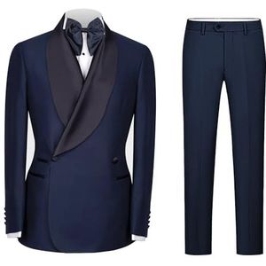 RAJEGAR 2 stuks herenpakken bruidegom bruiloft smoking slanke sjaal met één knop revers blazers jas broek sets voor bal, feest, Donkerblauw, S