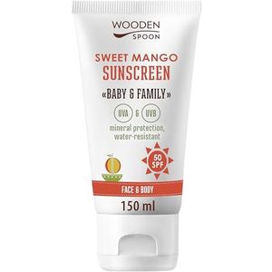 Wooden Spoon Biologische Zonnebrandcrème Baby & Familie “Sweet Mango” SPF 50 – 100% Natuurlijk, Onzichtbare Zink, Geen Witte Waas, Hypoallergeen, Vegan, Waterbestendig – 150 ml