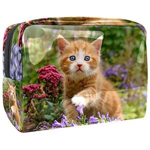 Grote make-up tas PVC toilettas reizen cosmetische tas een baby kat kitten spelen met bloemen patroon draagbare make-up zakje voor vrouwen meisjes