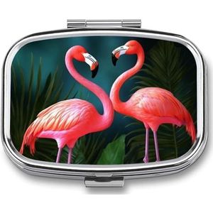Flamingo Flowers_75091506 Pillendoos voor Pocket Vierkante Pillendoos 2 Compartiment Decoratieve Draagbare Reizen Pillenhouder Tablet Vitamine Organizer Mini Pillendoosje