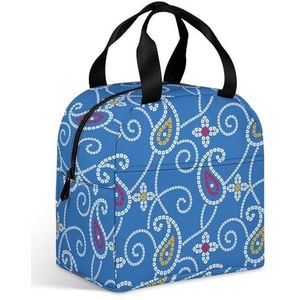 Blauwe Paisley lunchtas voor dames, met grote zak, geïsoleerde lunchbox voor mannen, reizen, picknick, werk, grappig
