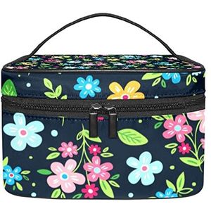Blauwe Streep Patroon Make-up Tas Voor Vrouwen Meisjes Cosmetische Tassen Met Handvat Reizen Make-up Organizer Bag, Kleurrijke Ditsy Bloemenprint, 8.9x5.9x5.4 Inches, Make-up Pouch