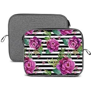 Roze bloemen - zwart en wit strepen laptop sleeve case beschermende notebook draagtas reizen aktetas 13 inch