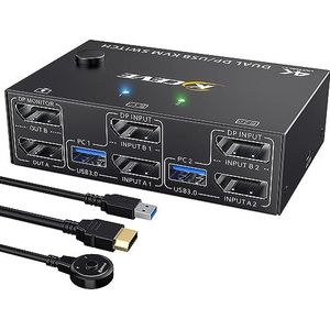 Displayport KVM Switch 2 PC 2 Monitor 8K@30Hz 4K@144Hz, MLEEDA USB 3.0 Dual Monitor KVM Switch 2 Computers Deel 2 Monitoren en 4 USB 3.0 Poorten, Inbegrepen Bekabelde Afstandsbediening en 5 Kabels