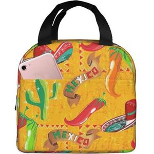 SUUNNY Cactus Hat en Chili Peper Print Lichtgewicht Geïsoleerde Lunch Tas Rolltop voor Warmte Retentie - Warm/Koud Voedsel Lunch Tote