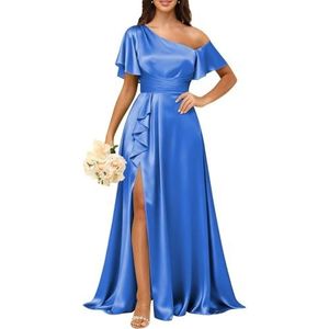 KURFACE Satijnen bruidsmeisjesjurken met mouwen geplooid korset galajurk met split lange formele avondjurk voor dames, koningsblauw, 32