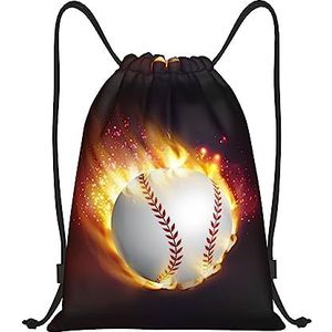 Oranje Softbal Honkbal Op Brand en Water Gedrukt Trekkoord Rugzak Bag Waterbestendig Lichtgewicht Gym Sackpack, Zwart, Medium