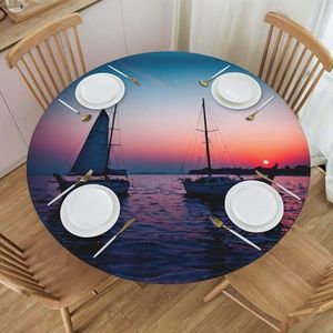 Surrealistisch rond tafelkleed met zeilboot, waterdicht en afveegbaar met elastische randen, geschikt voor het decoreren van ronde tafels.