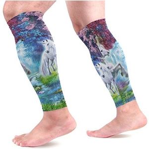 EZIOLY Eenhoorn Wit Paard Bloeiende Bomen Bloemen Duif Rivier Sport Kalf Compressie Mouwen Been Compressie Sokken Kalf Guard voor Hardlopen, Fietsen, Moederschap, Reizen, Verpleegkundigen