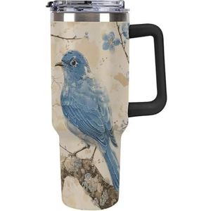 FHESDCW Bluebird on the Branch Grote capaciteit autobeker 40 oz roestvrijstalen beker met handvat geïsoleerde waterfles met rietje en deksel bedrukte mokken past in de bekerhouder