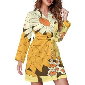 Geel En Bruin Vintage Bloemen Patroon Vrouwen Badjas Sjaal Kraag Loungewear Spa Badjas Lange Mouw Pyjama L