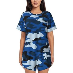 RIVETECH Pyjama met blauwe camouflageprint voor dames met korte mouwen - comfortabele korte sets, nachtkleding met zakken, Zwart, L