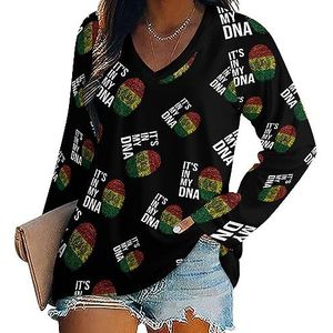 It's In My DNA Bolivia Flag dames casual T-shirts met lange mouwen V-hals bedrukte grafische blouses Tee Tops 4XL