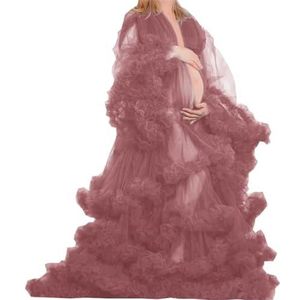 Lange Mouw Geplooide Moederschap Tule Gewaad Voor Fotoshoot Zwangere Badjas Pure Lingerie Nachtjapon AH151, Stoffige Roos, 36
