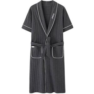 Guoyoocc Badjas voor heren, korte mouwen, badjas, nachtjapon, katoen, gebreid, lange badjas met V-hals, kimono, badkleding, loungewear, lichtgewicht, huisjas, nachtjapon voor hotel, spa, feest